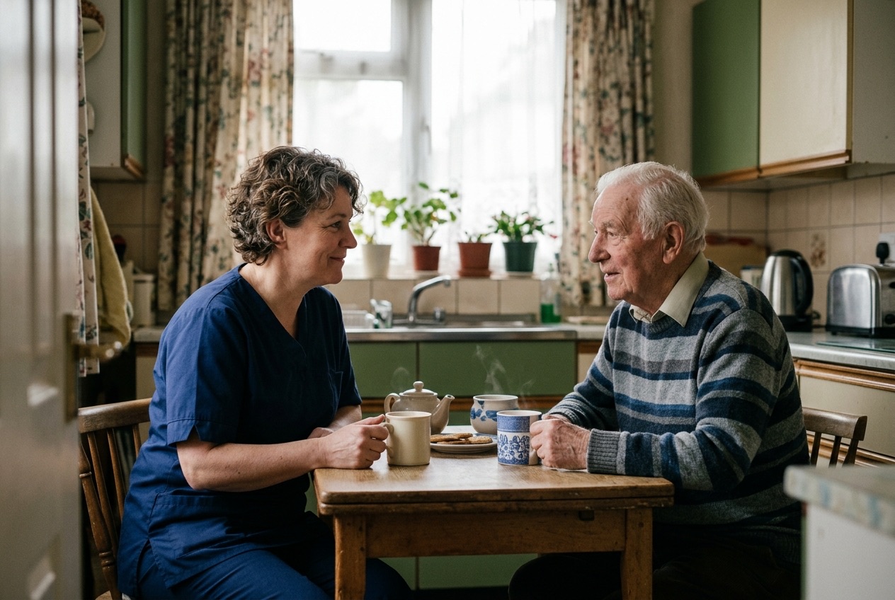 Home care worker having a cup of tea with an elderly man at his kitchen table