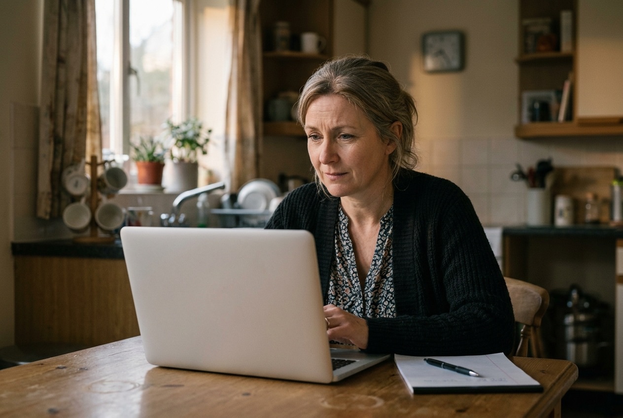 Woman at her kitchen table searching on a laptop for home care for her mother